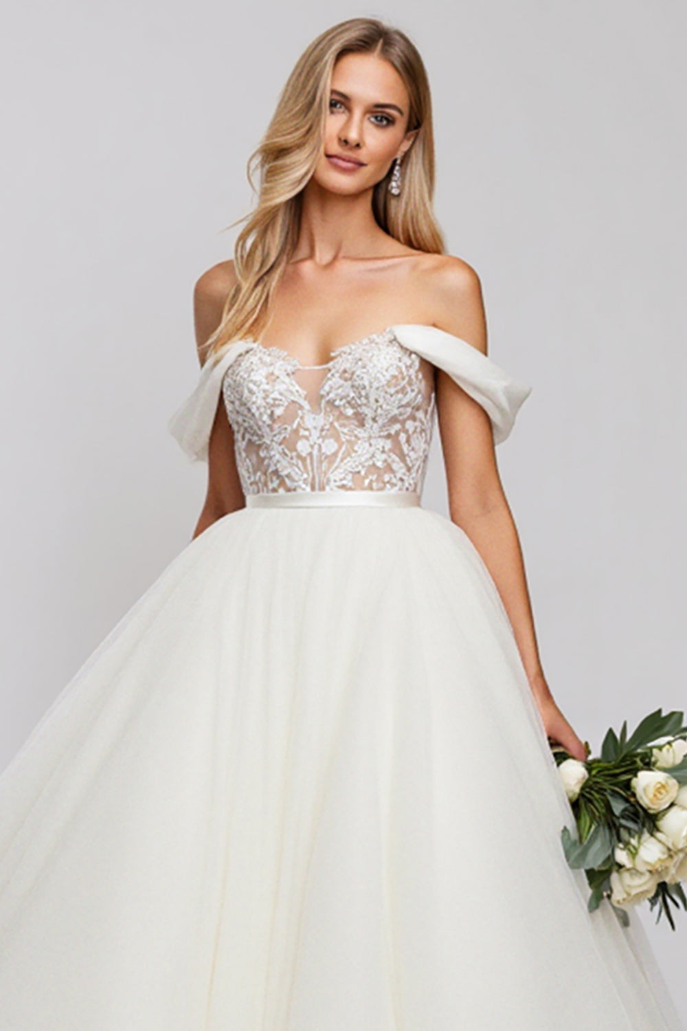Ivory Off The Shoulder Lace Tulle Ball-Gown Wedding Dress