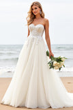 Ivory Strapless Lace Tulle A Line Beach Wedding Dress