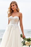 Ivory Strapless Lace Tulle A Line Beach Wedding Dress