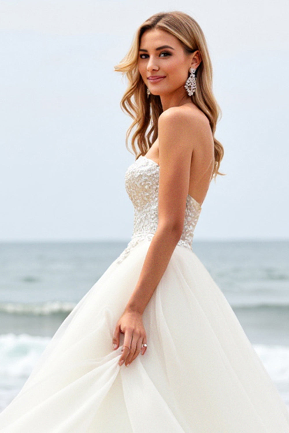 Ivory Strapless Lace Tulle A Line Beach Wedding Dress