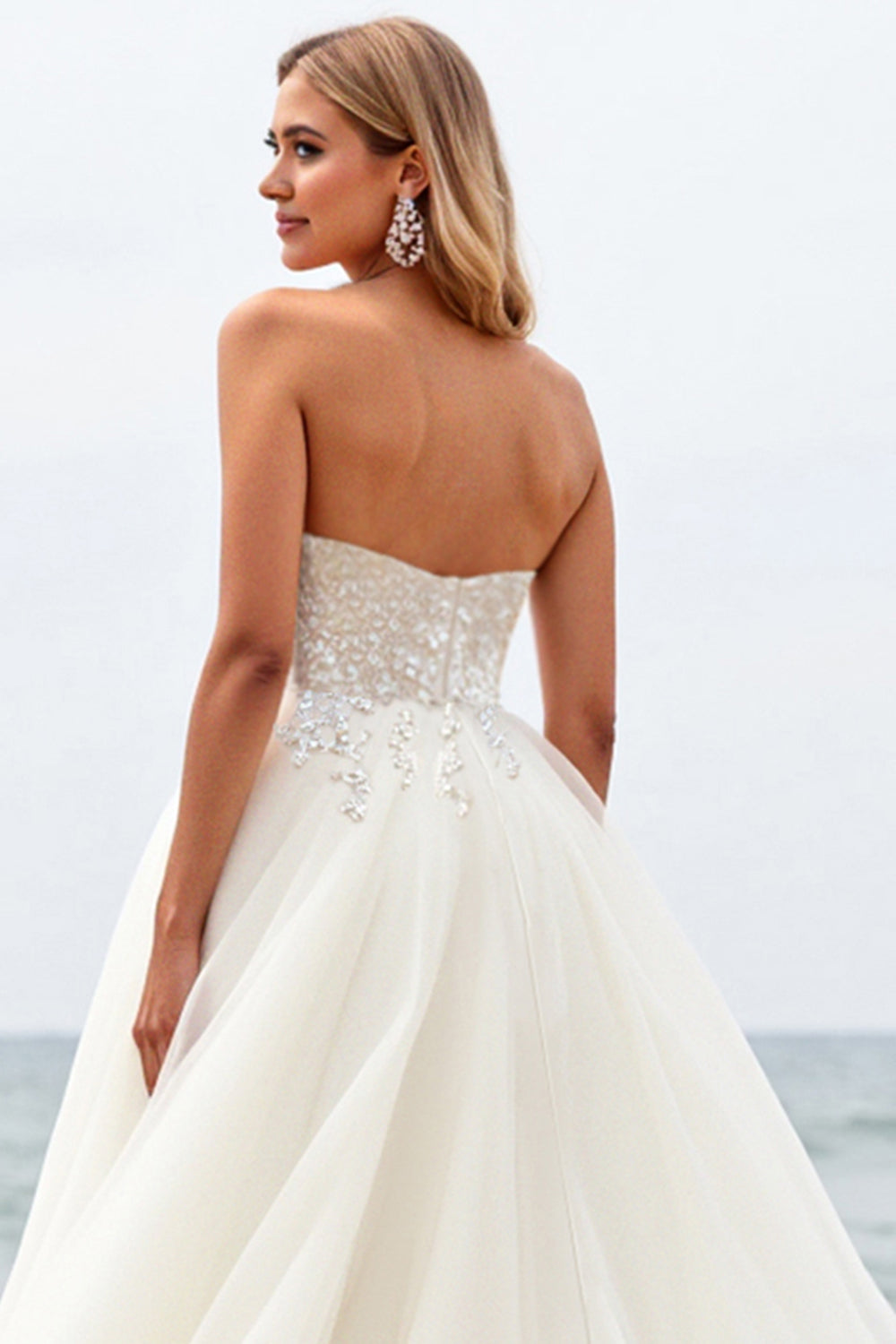 Ivory Strapless Lace Tulle A Line Beach Wedding Dress