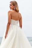 Ivory Strapless Lace Tulle A Line Beach Wedding Dress