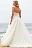Ivory Strapless Lace Tulle A Line Beach Wedding Dress