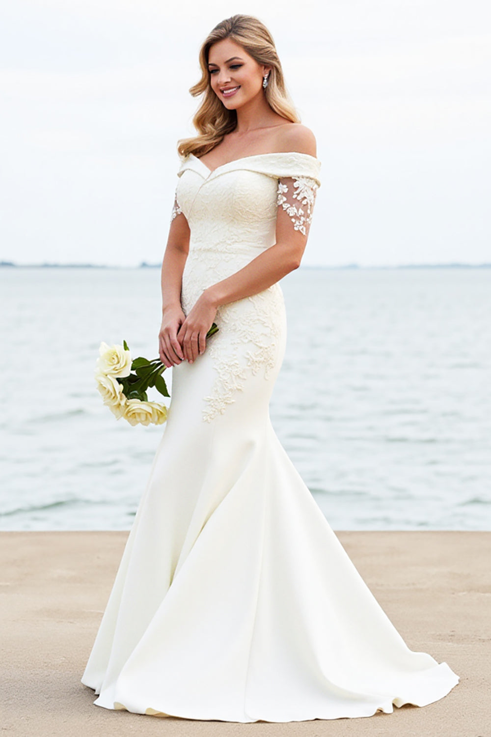 Ivory Off The Shoulder Mermaid Satin Lace Wedding Dress