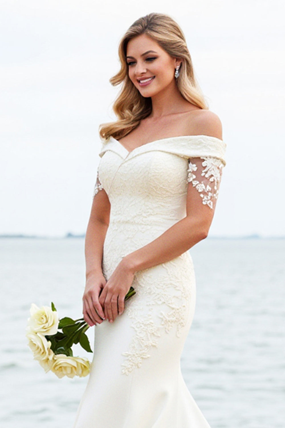 Ivory Off The Shoulder Mermaid Satin Lace Wedding Dress