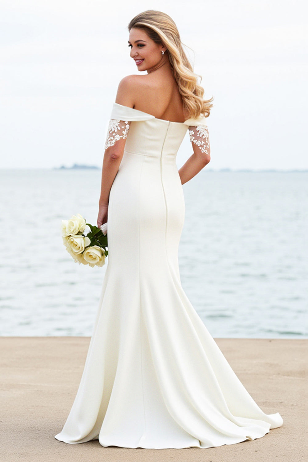 Ivory Off The Shoulder Mermaid Satin Lace Wedding Dress