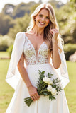 Ivory A Line V-Neck Cape Chiffon Lace Wedding Dress