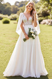 Ivory A Line V-Neck Cape Chiffon Lace Wedding Dress