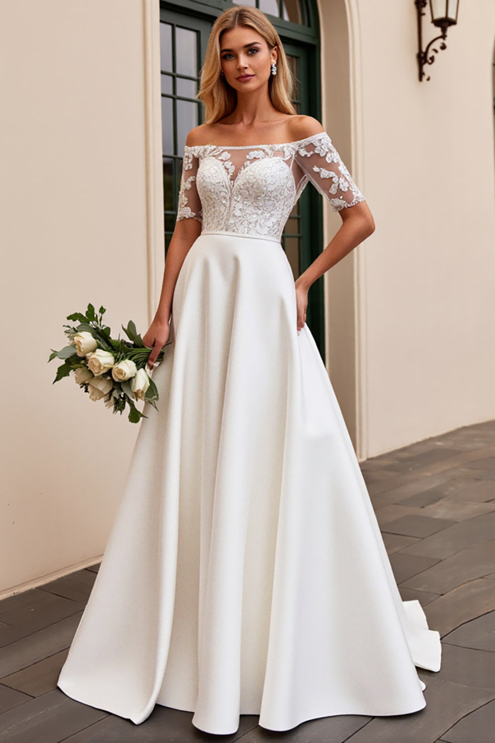 A Line Ivory Off The Shoulder Lace Aqqliqued Long Wedding Dress