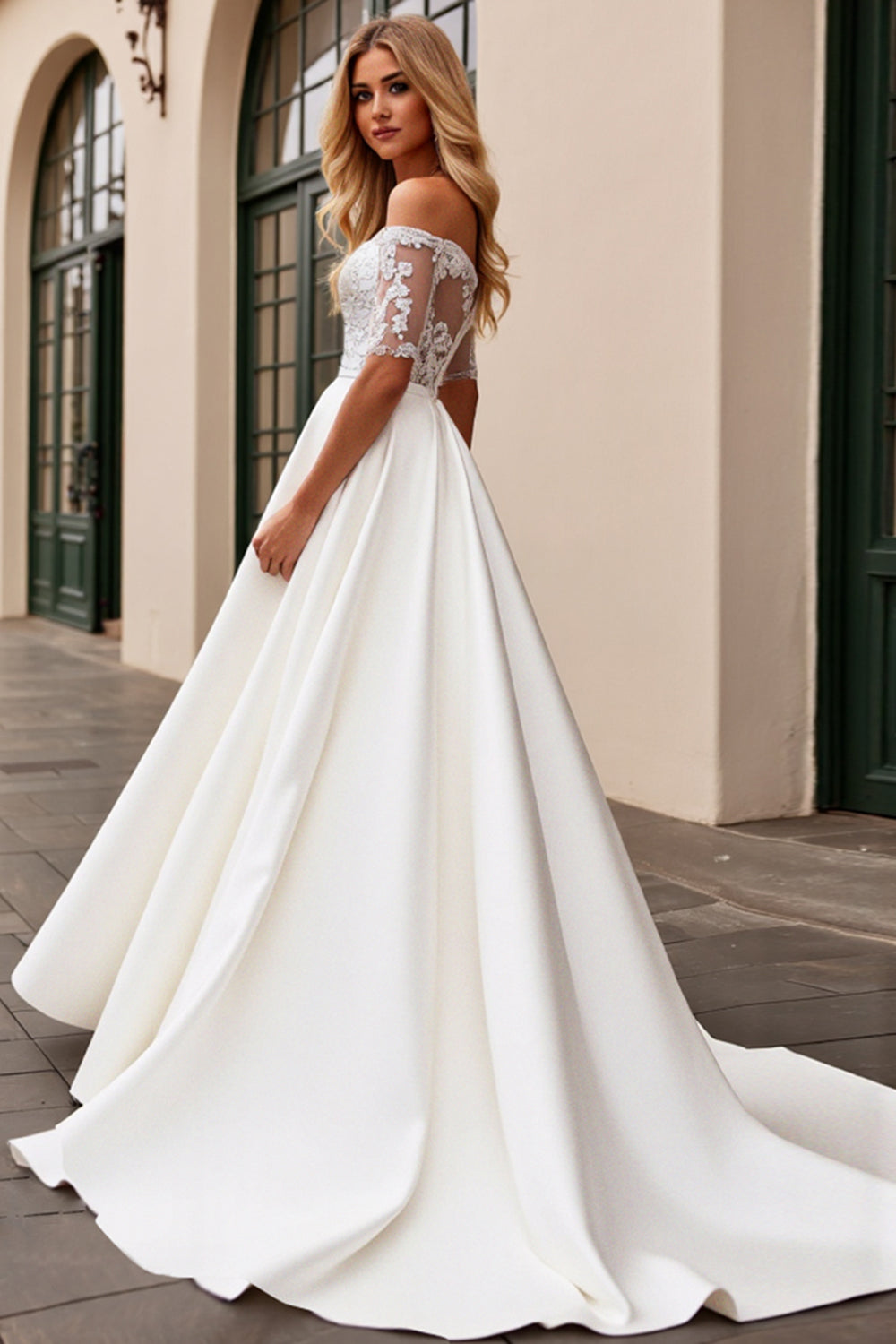 A Line Ivory Off The Shoulder Lace Aqqliqued Long Wedding Dress