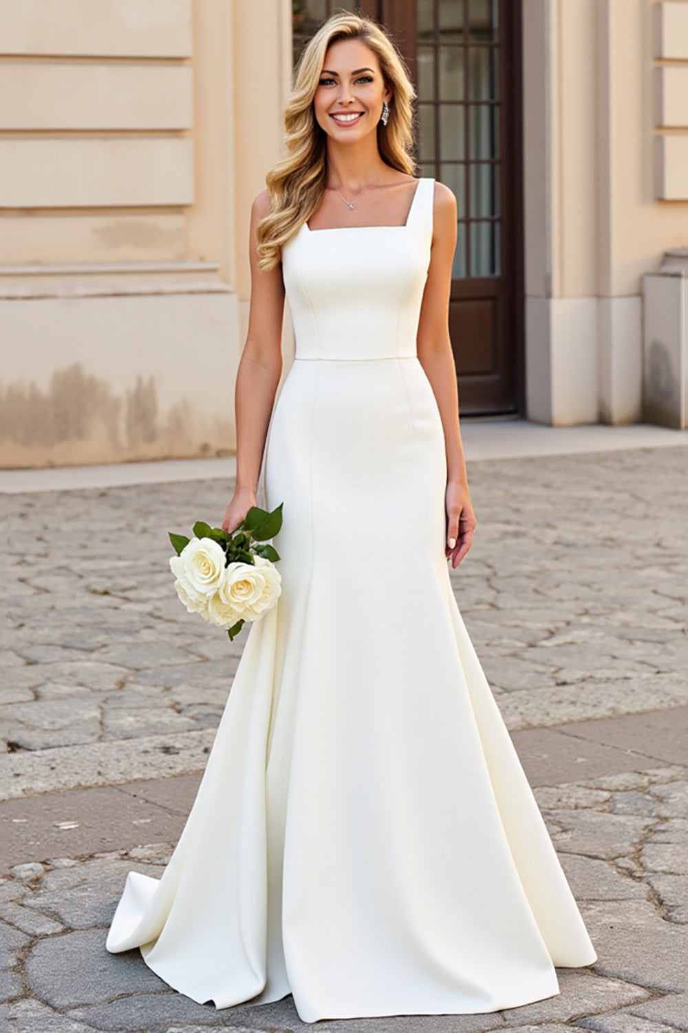 Ivory Square Neck Sleeveless Mermaid Satin Wedding Dress
