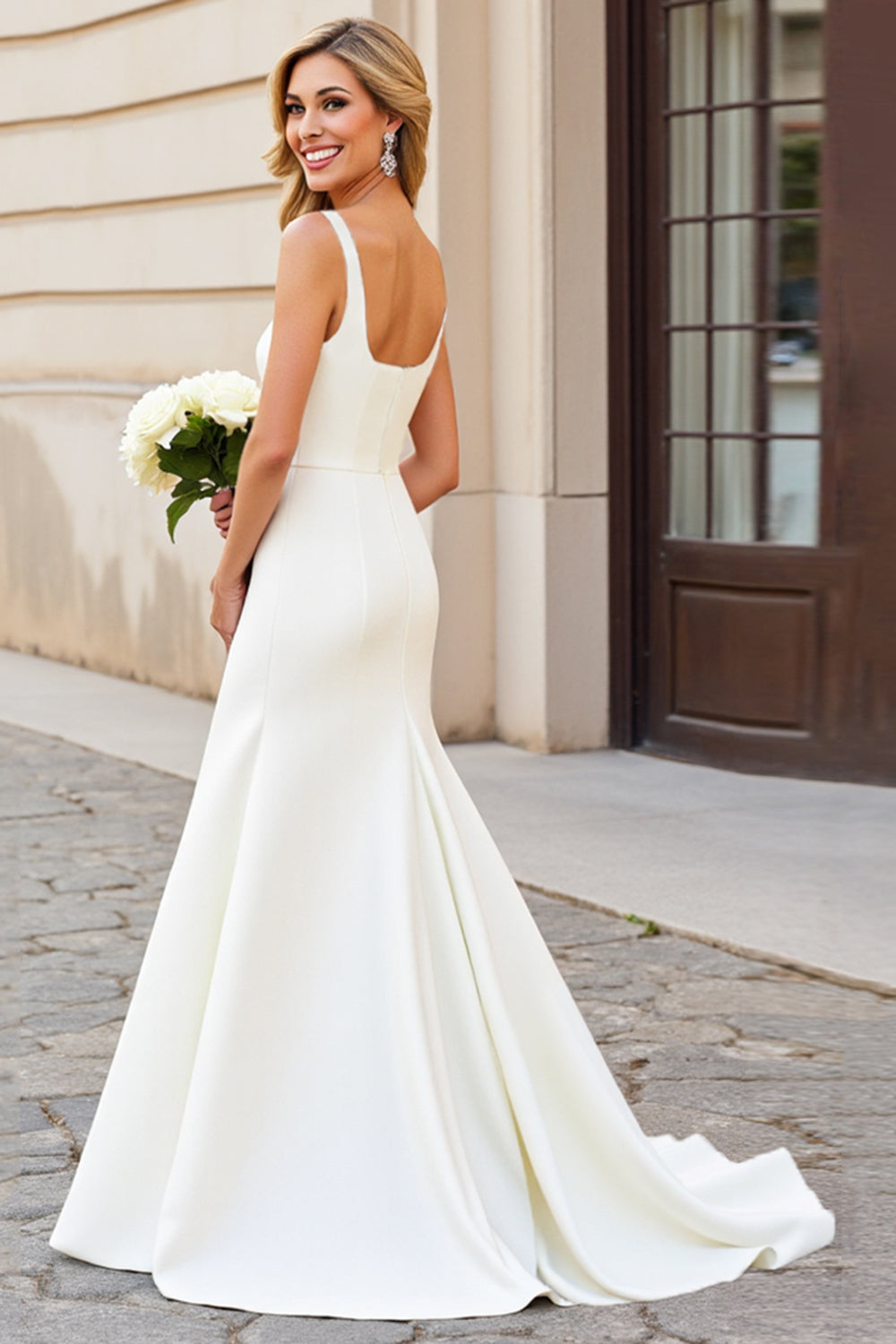 Ivory Square Neck Sleeveless Mermaid Satin Wedding Dress