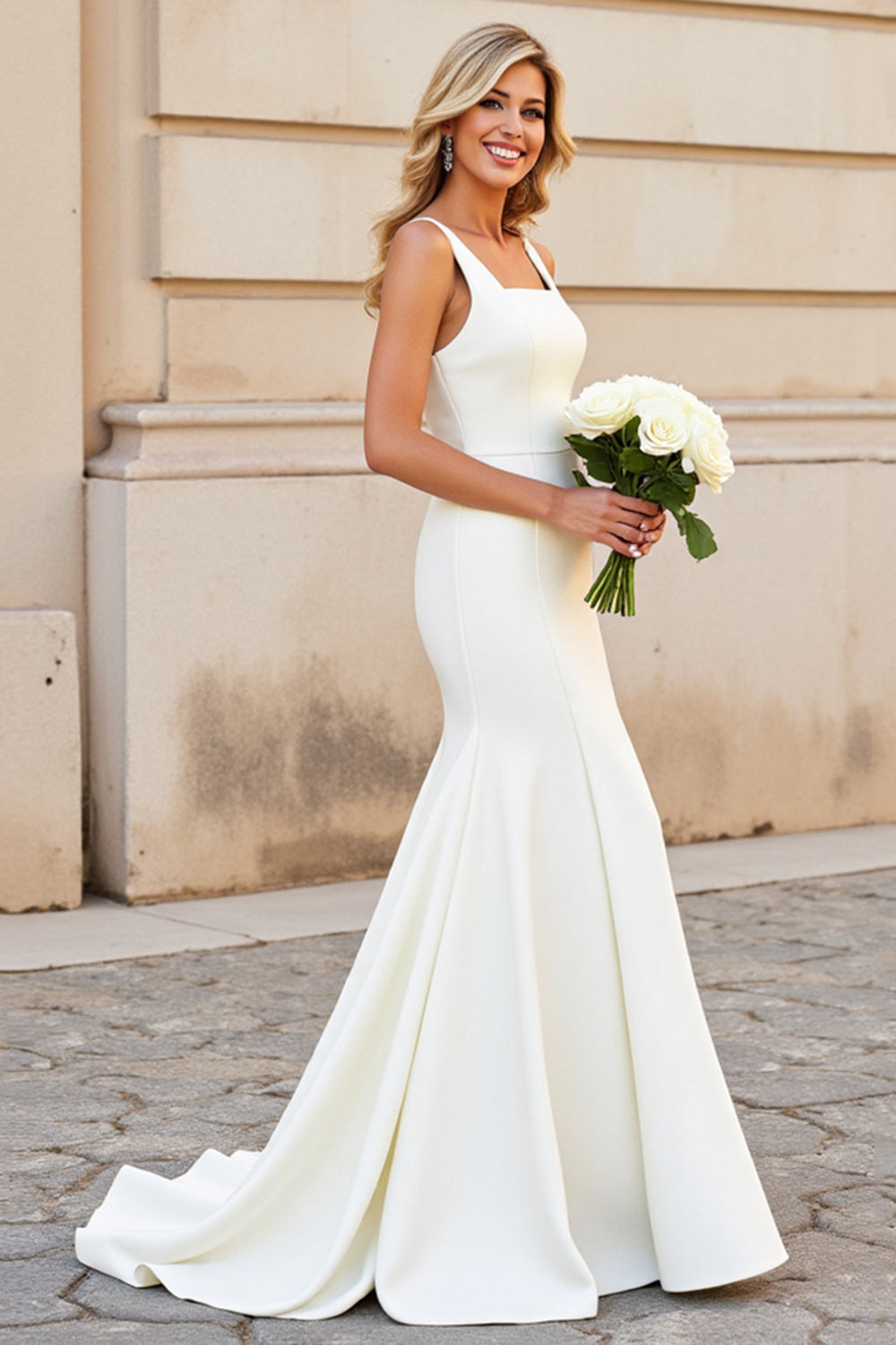 Ivory Square Neck Sleeveless Mermaid Satin Wedding Dress