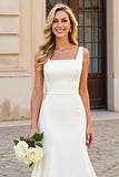 Ivory Square Neck Sleeveless Mermaid Satin Wedding Dress
