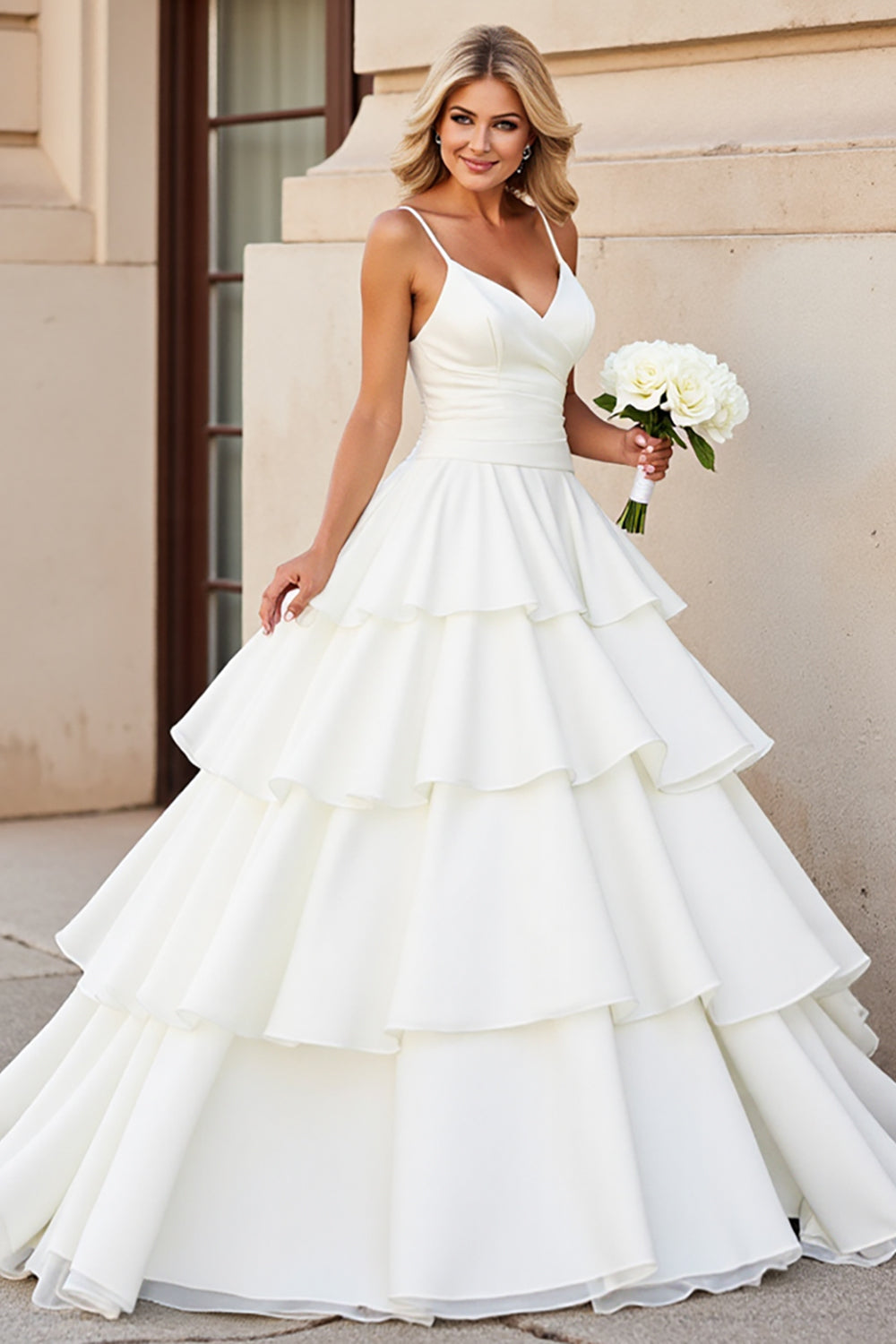 Ivory A Line Spaghetti Straps Tiered Wedding Dress