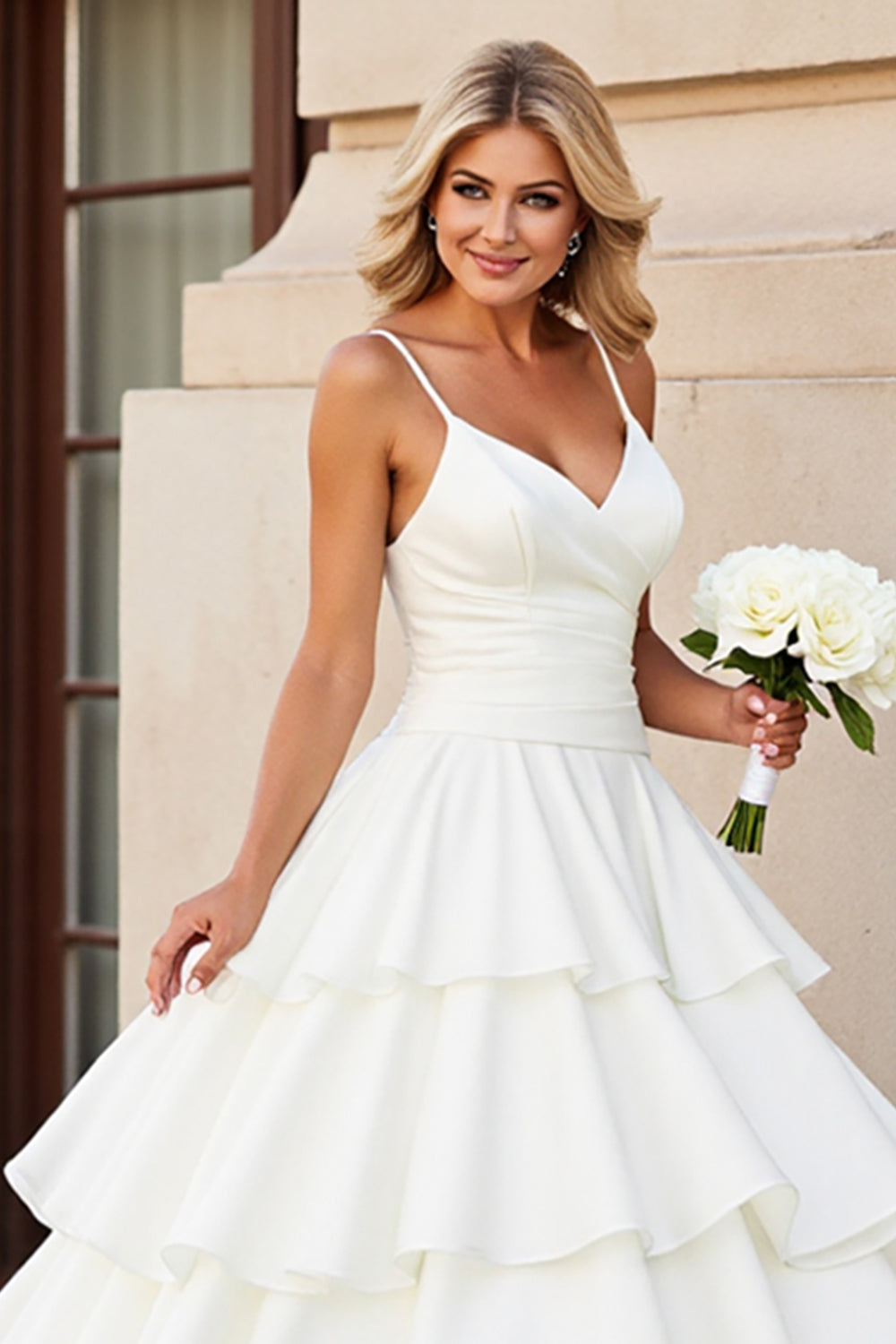 Ivory A Line Spaghetti Straps Tiered Wedding Dress