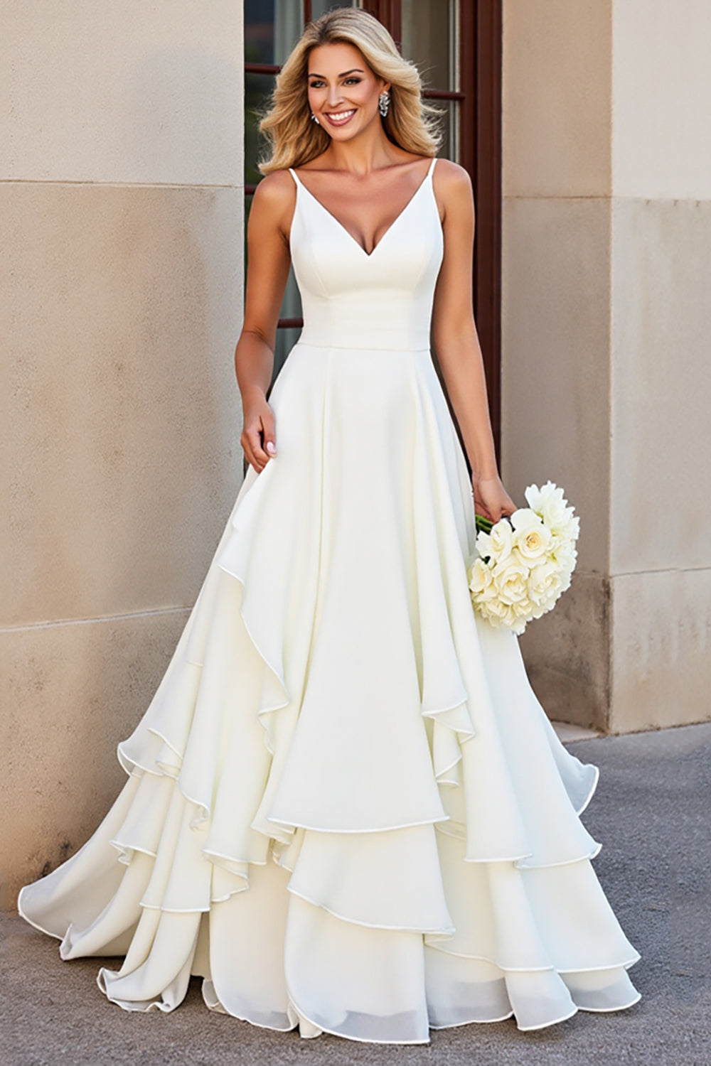 Ivory A Line V Neck Tiered Long Wedding Dress with Ruffles