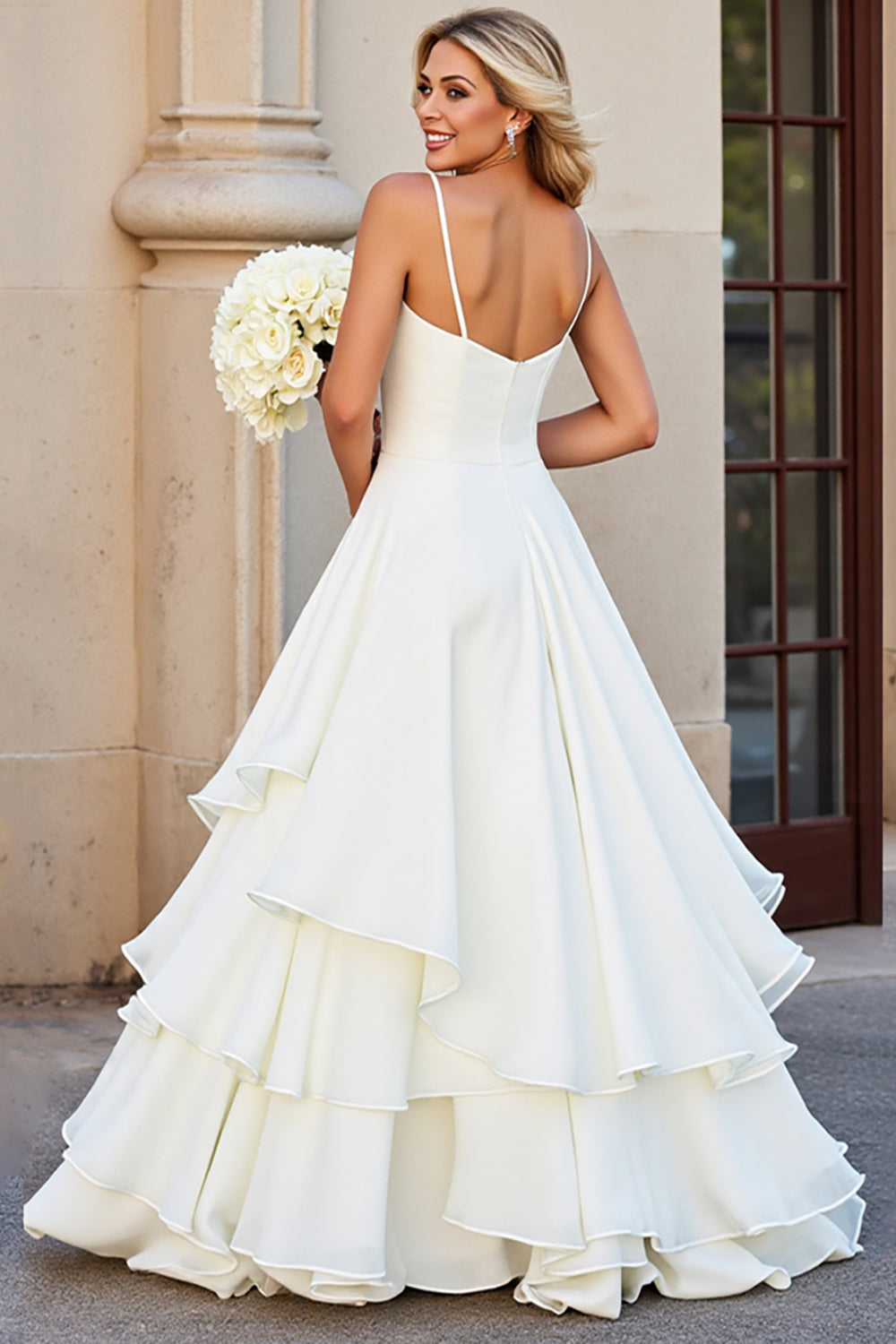 Ivory A Line V Neck Tiered Long Wedding Dress with Ruffles