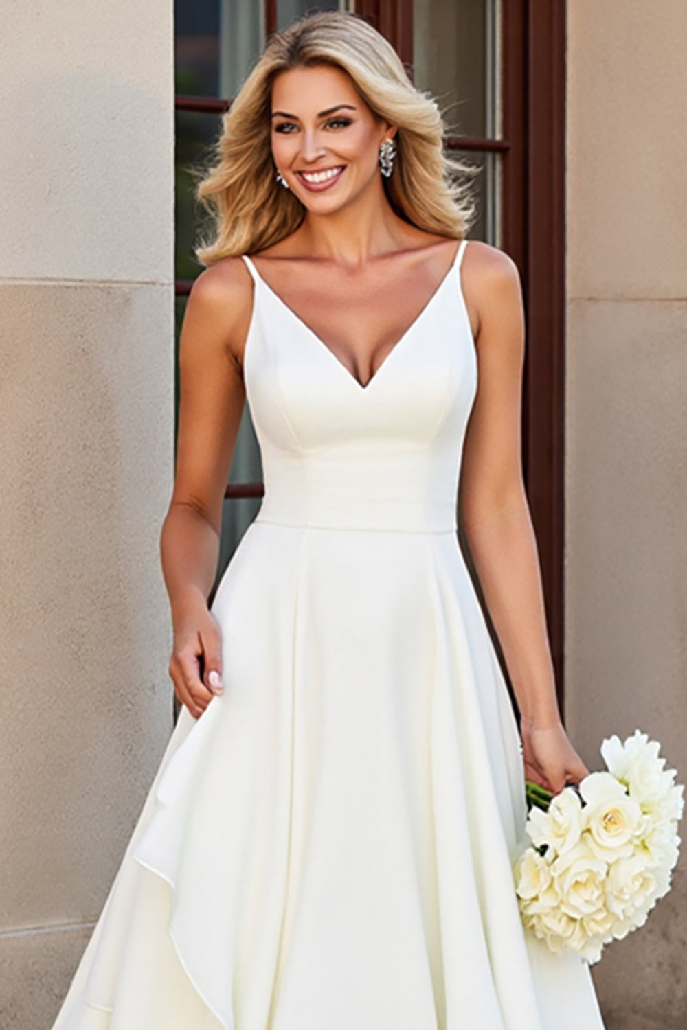 Ivory A Line V Neck Tiered Long Wedding Dress with Ruffles