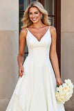 Ivory A Line V Neck Tiered Long Wedding Dress with Ruffles