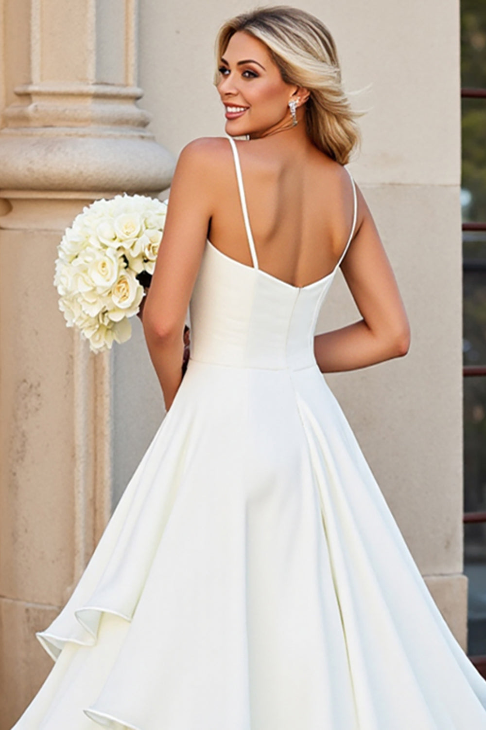 Ivory A Line V Neck Tiered Long Wedding Dress with Ruffles