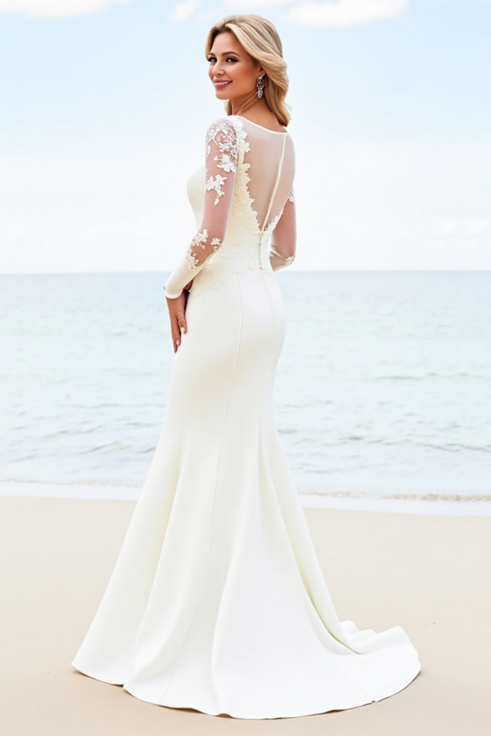 Lace Ivory Mermaid Illusion Long Sleeve Wedding Dress