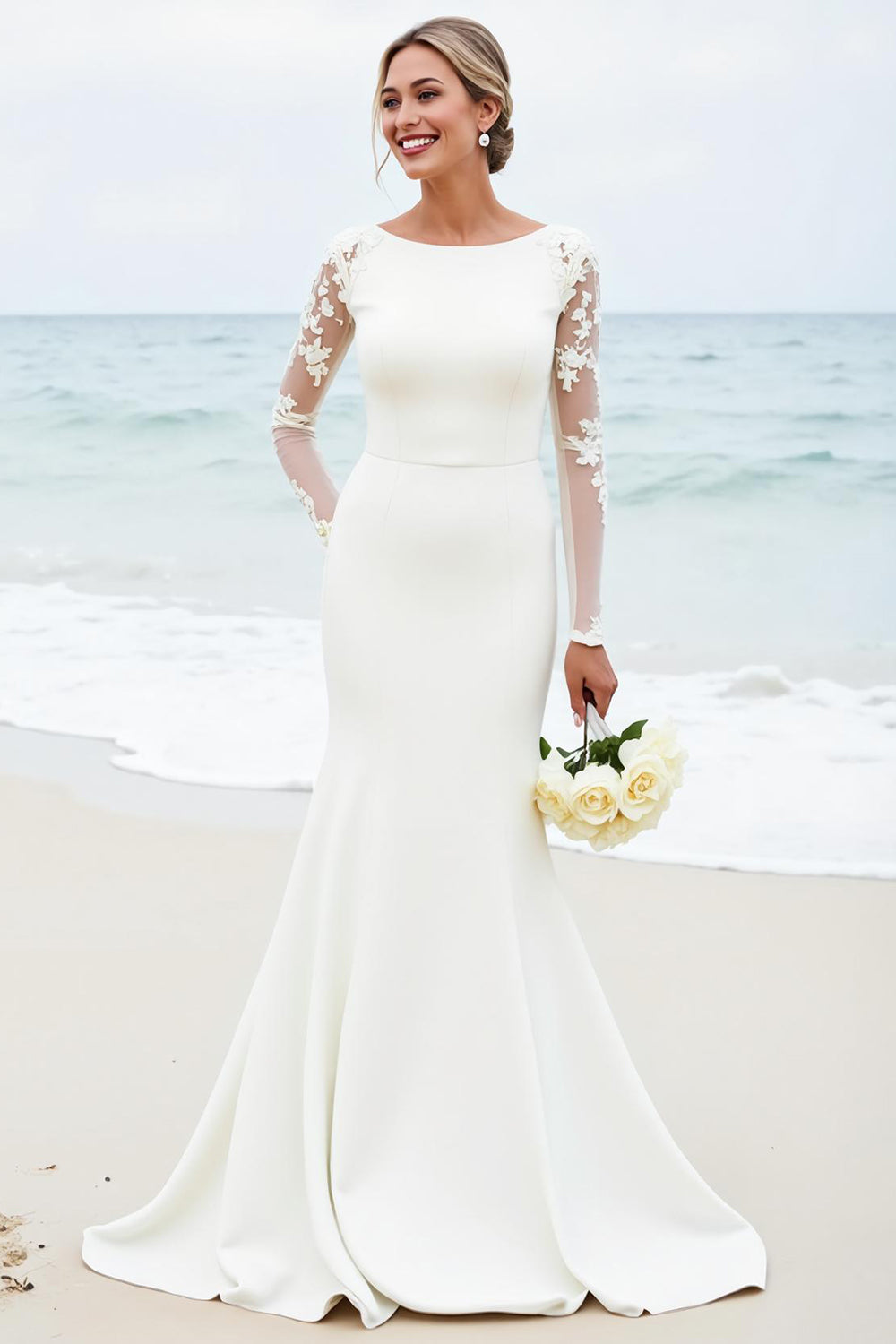 Graceful Ivory Lace Mermaid Wedding Dress with Long Sleeves