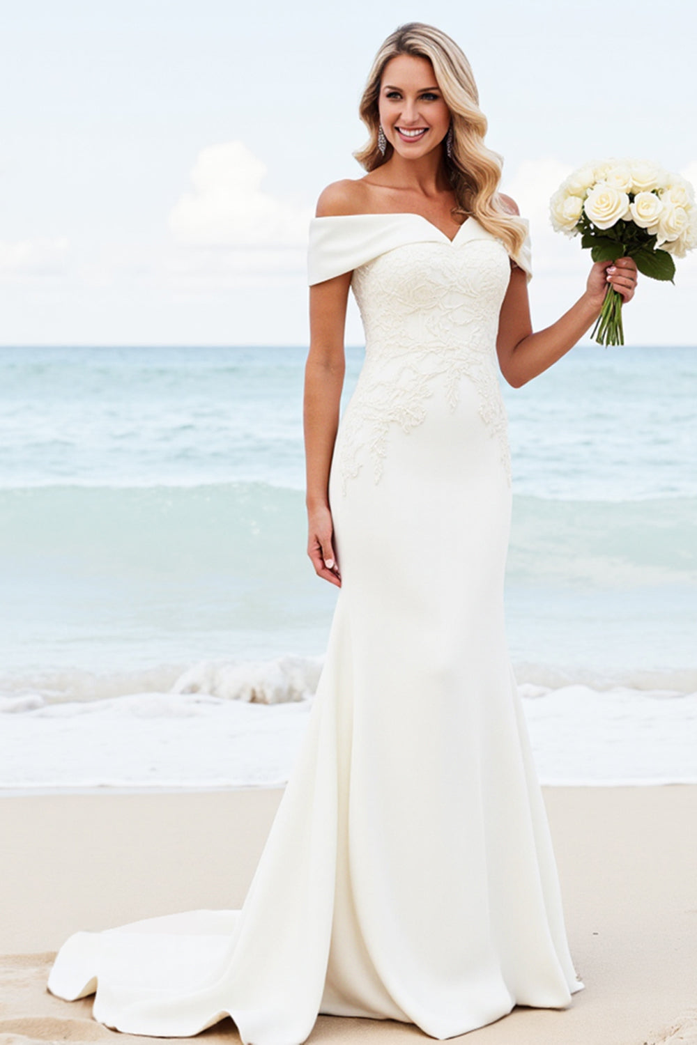Chic Ivory Off the Shoulder Mermaid Wedding Dress with Lace Appliques