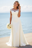 Ivory Satin Lace A Line Boat Neck Wedding Dress