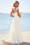 Ivory Satin Lace A Line Boat Neck Wedding Dress