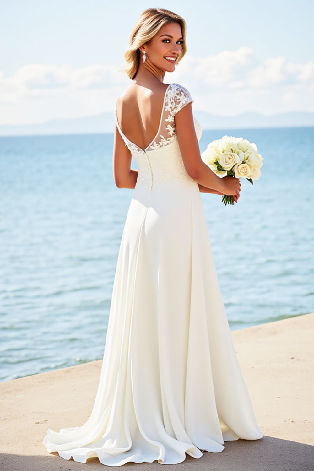 Ivory Satin Lace A Line Boat Neck Wedding Dress