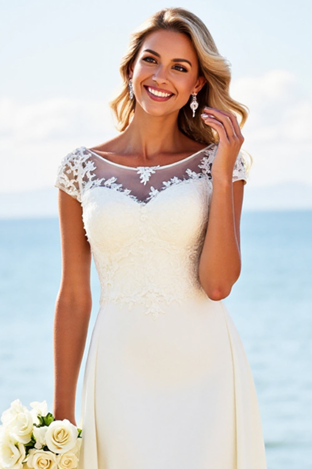 Ivory Satin Lace A Line Boat Neck Wedding Dress