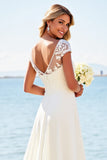 Ivory Satin Lace A Line Boat Neck Wedding Dress
