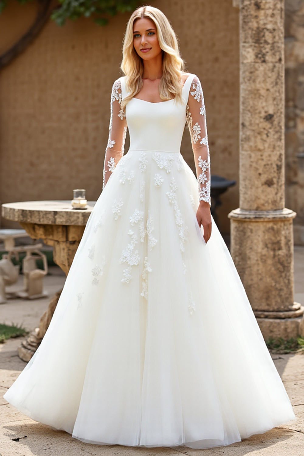 Lace Ivory A Line Tulle Long Sleeve Wedding Dress