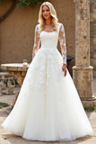 Lace Ivory A Line Tulle Long Sleeve Wedding Dress