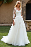 Lace Ivory A Line Tulle Long Sleeve Wedding Dress