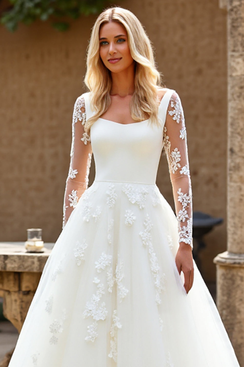Lace Ivory A Line Tulle Long Sleeve Wedding Dress