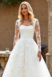 Lace Ivory A Line Tulle Long Sleeve Wedding Dress