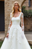 Lace Ivory A Line Tulle Long Sleeve Wedding Dress