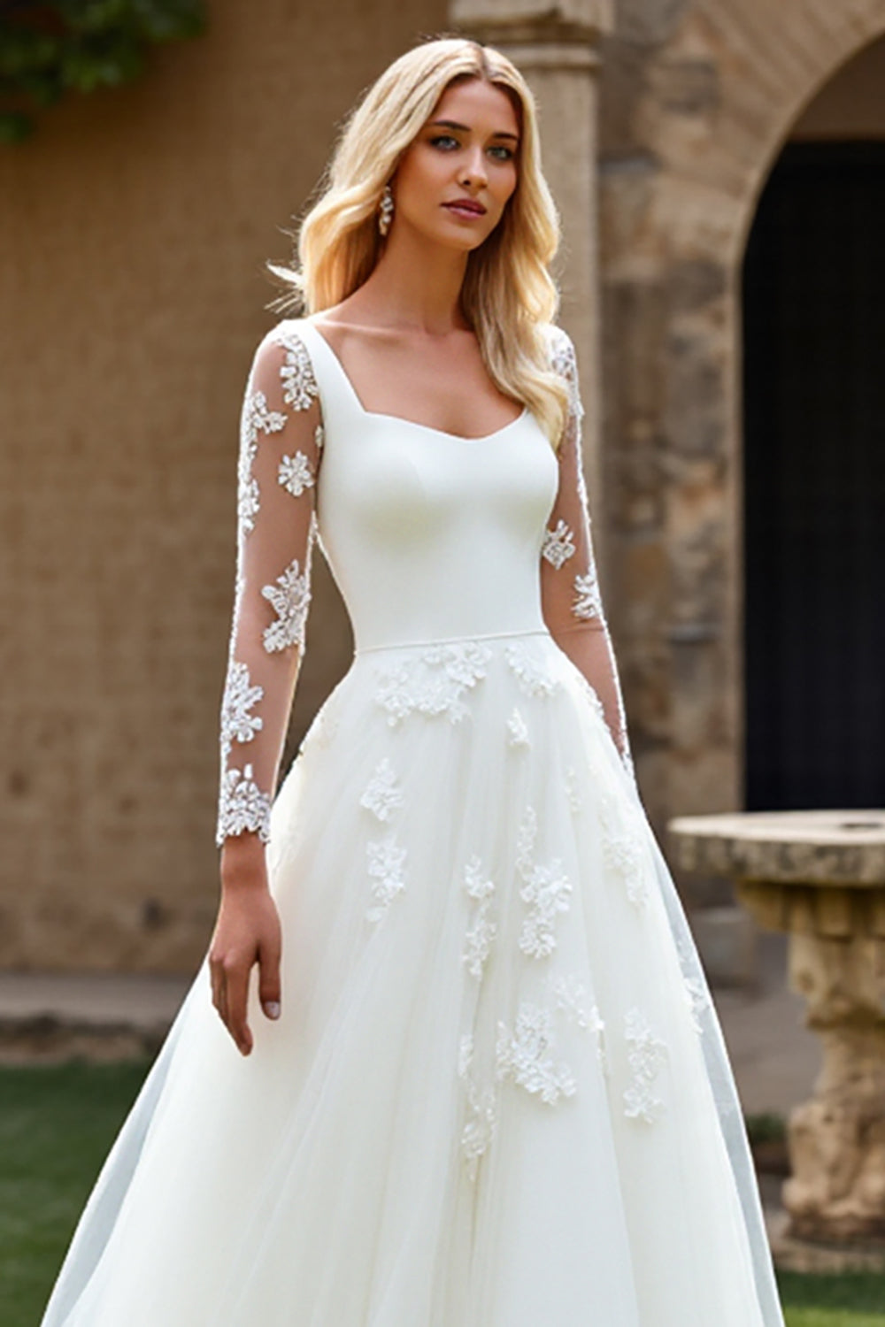 Lace Ivory A Line Tulle Long Sleeve Wedding Dress