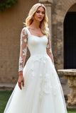 Lace Ivory A Line Tulle Long Sleeve Wedding Dress