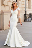 Ivory Lace V Neck Mermaid Wedding Dress with Half Sleeves
