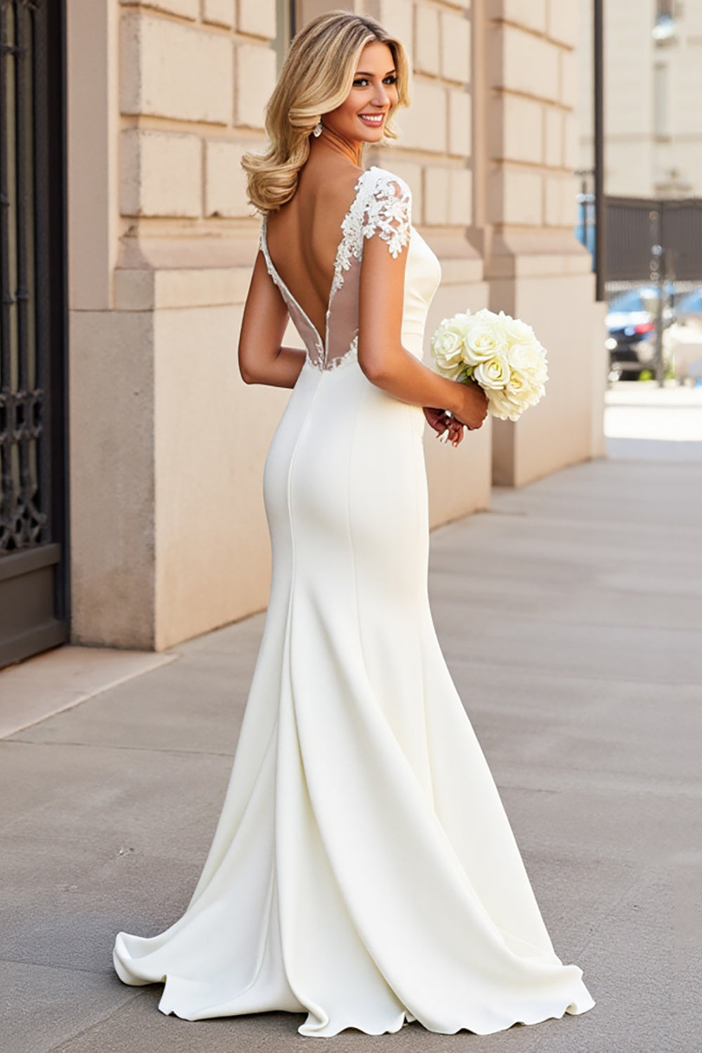 Ivory Lace V Neck Mermaid Wedding Dress with Half Sleeves