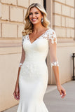 Ivory Lace V Neck Mermaid Wedding Dress with Half Sleeves