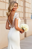 Ivory Lace V Neck Mermaid Wedding Dress with Half Sleeves