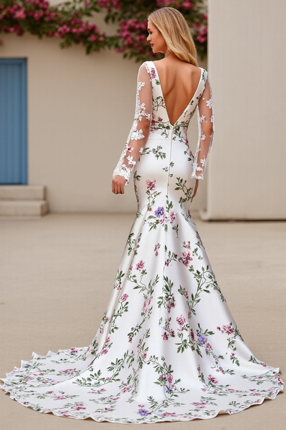 Ivory Flower Printed Long Sleeve Mermaid Wedding Dress