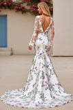 Ivory Flower Printed Long Sleeve Mermaid Wedding Dress