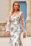 Ivory Flower Printed Long Sleeve Mermaid Wedding Dress
