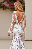 Ivory Flower Printed Long Sleeve Mermaid Wedding Dress