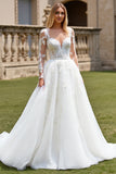 Lace Tulle Ivory A Line Appliques Spaghetti Straps Wedding Dress